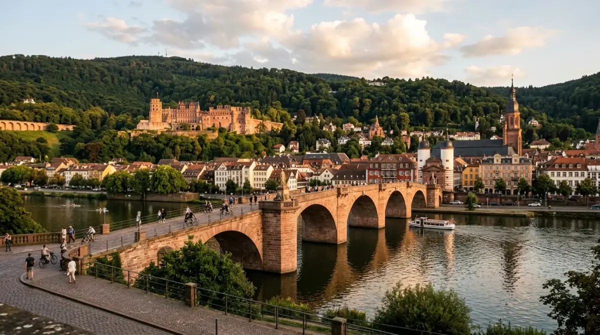 Blick auf das Heidelberger Schloss und die Alte Brücke über dem Neckar